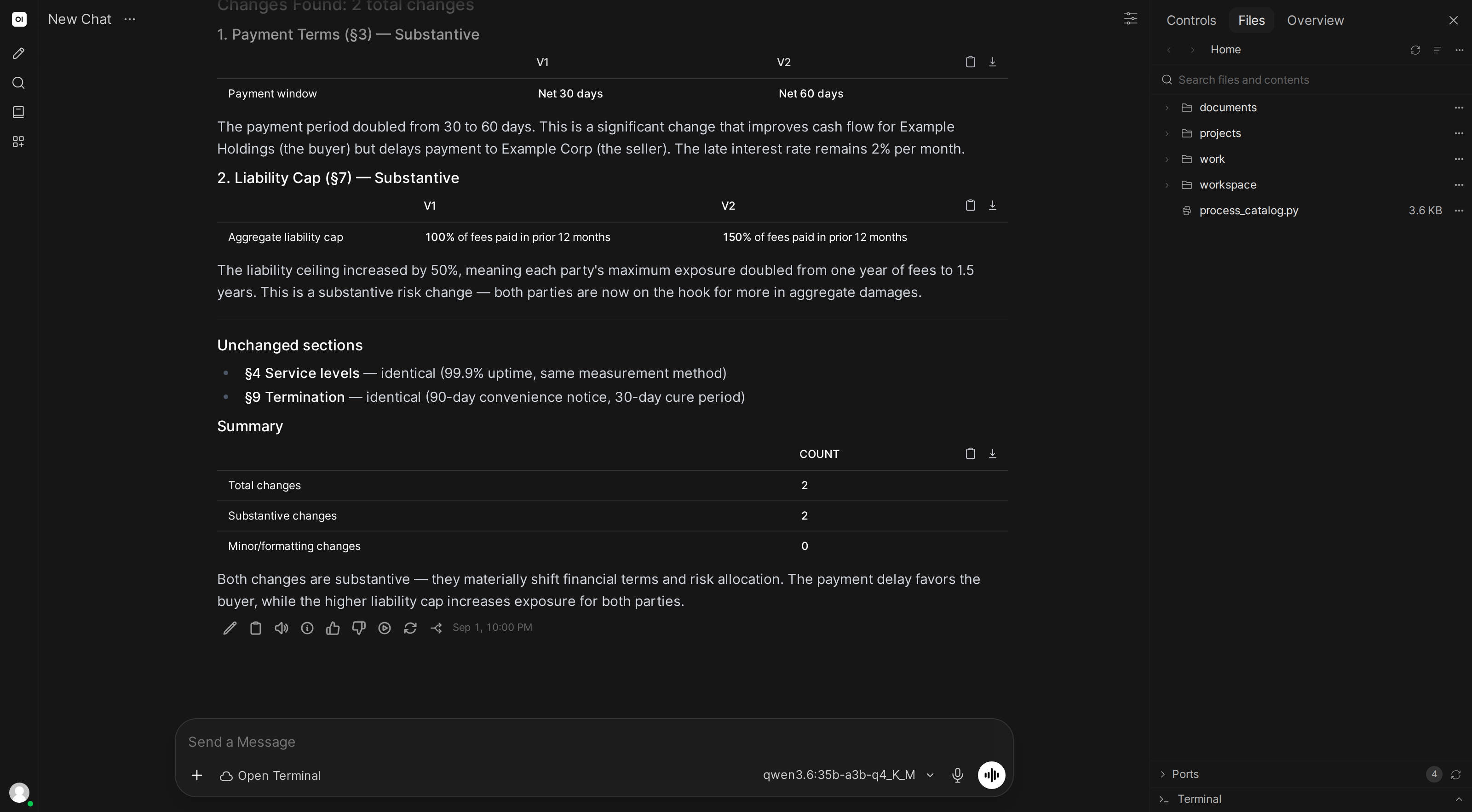 The AI comparing two contract versions and listing what changed