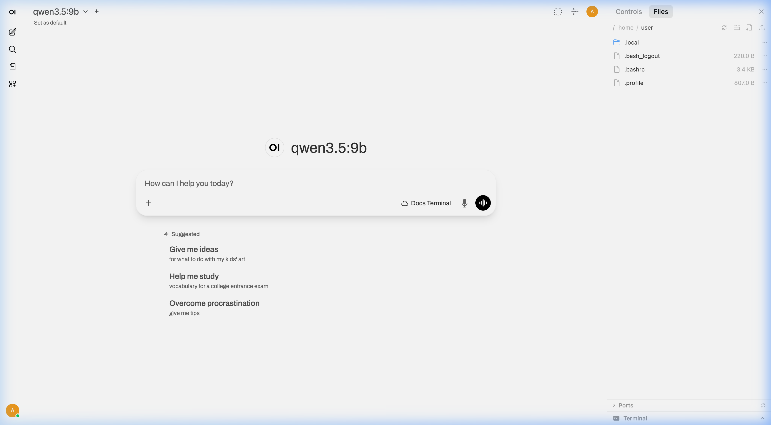 Open WebUI with Open Terminal โ file browser sidebar and chat