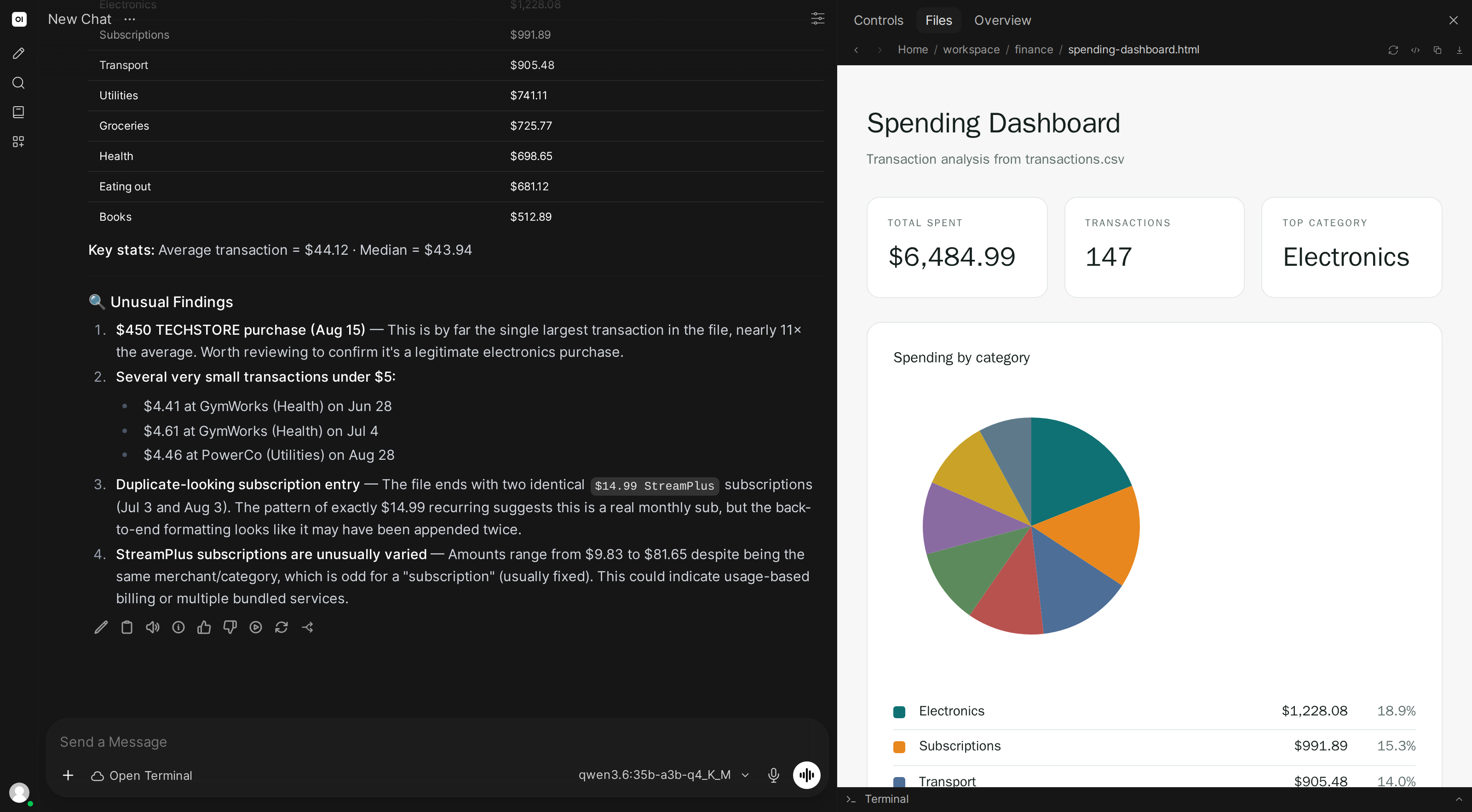 The generated spending dashboard previewed in the file browser