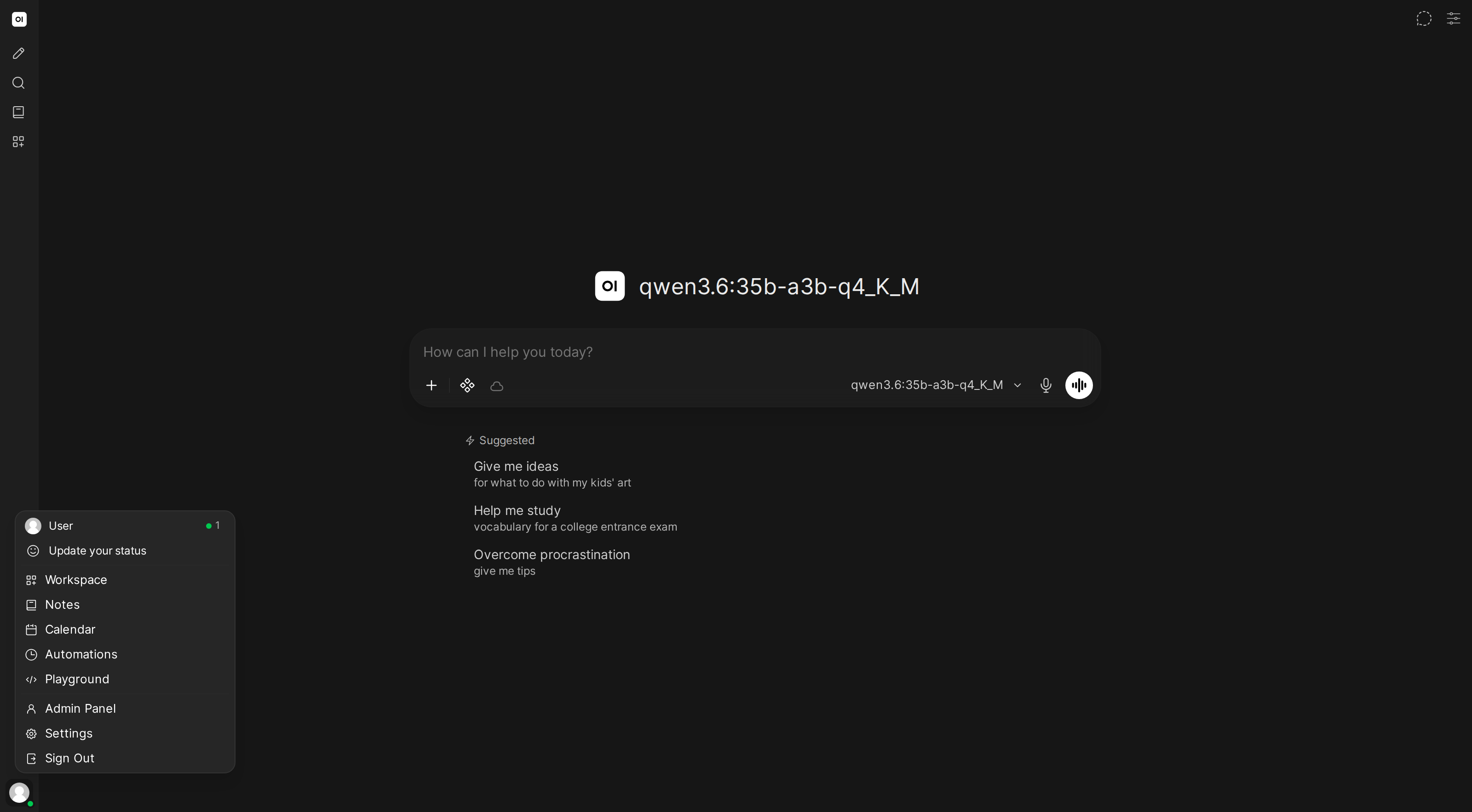User menu showing the Settings option