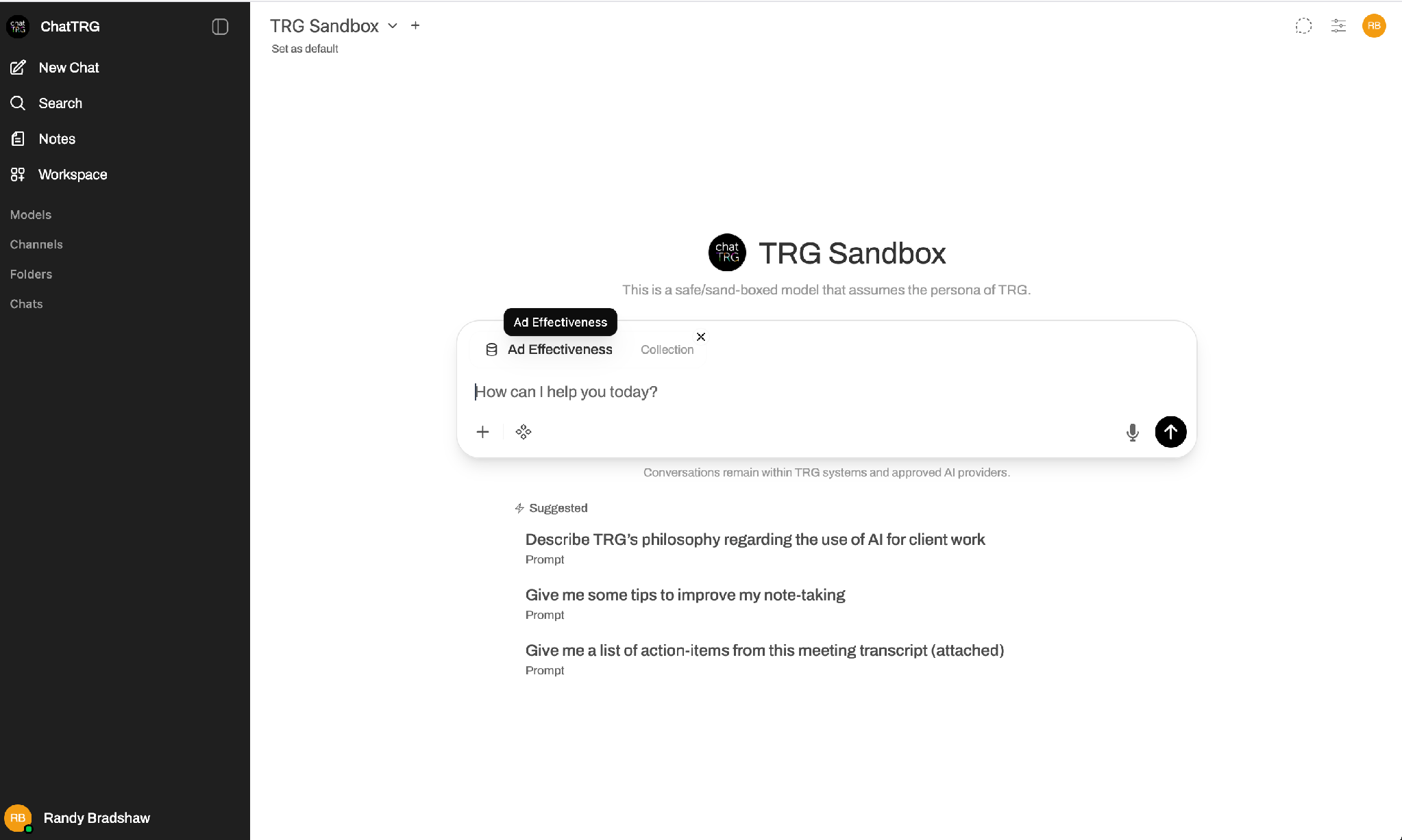 ChatTRG Sandbox with the Ad Effectiveness knowledge collection attached to a chat.