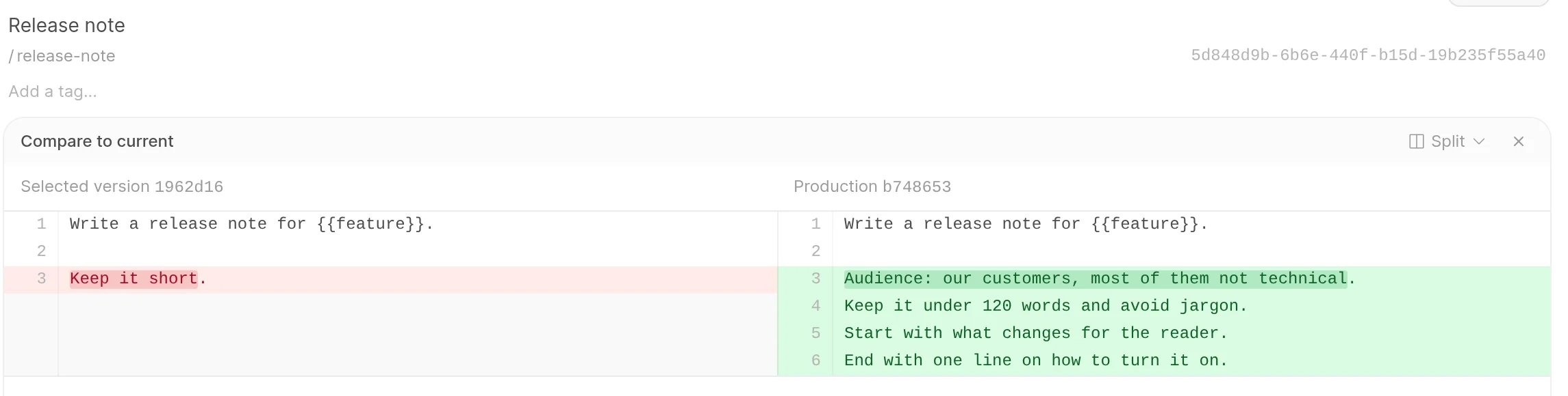 Compare to current in the prompt editor, with an older version on the left and the production version on the right in the Split layout