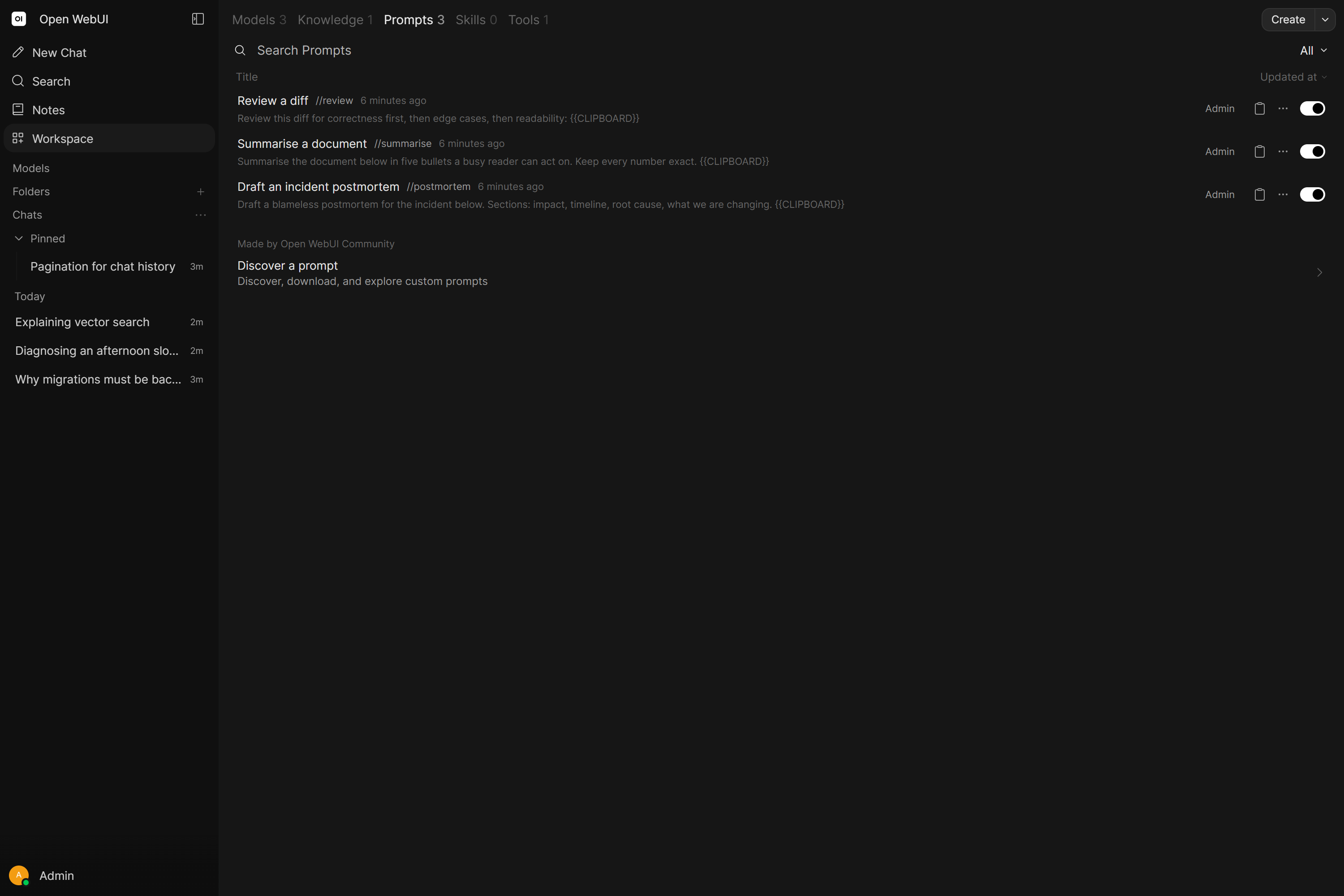Saved prompts in the workspace