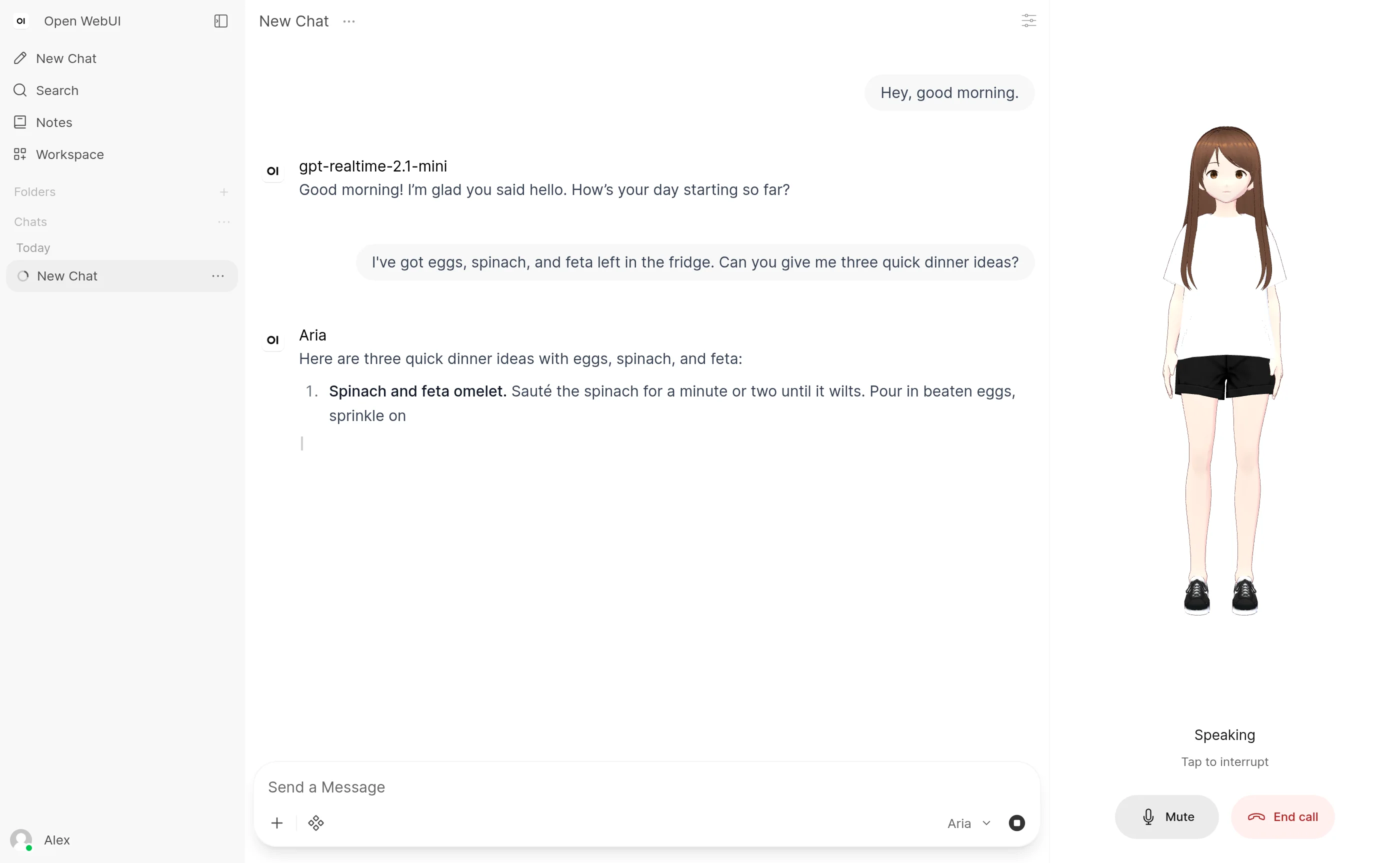 A Realtime call with a voice avatar beside the chat: the voice model answered the greeting itself, and the chat model's answer to the dinner question is still being written while the avatar speaks