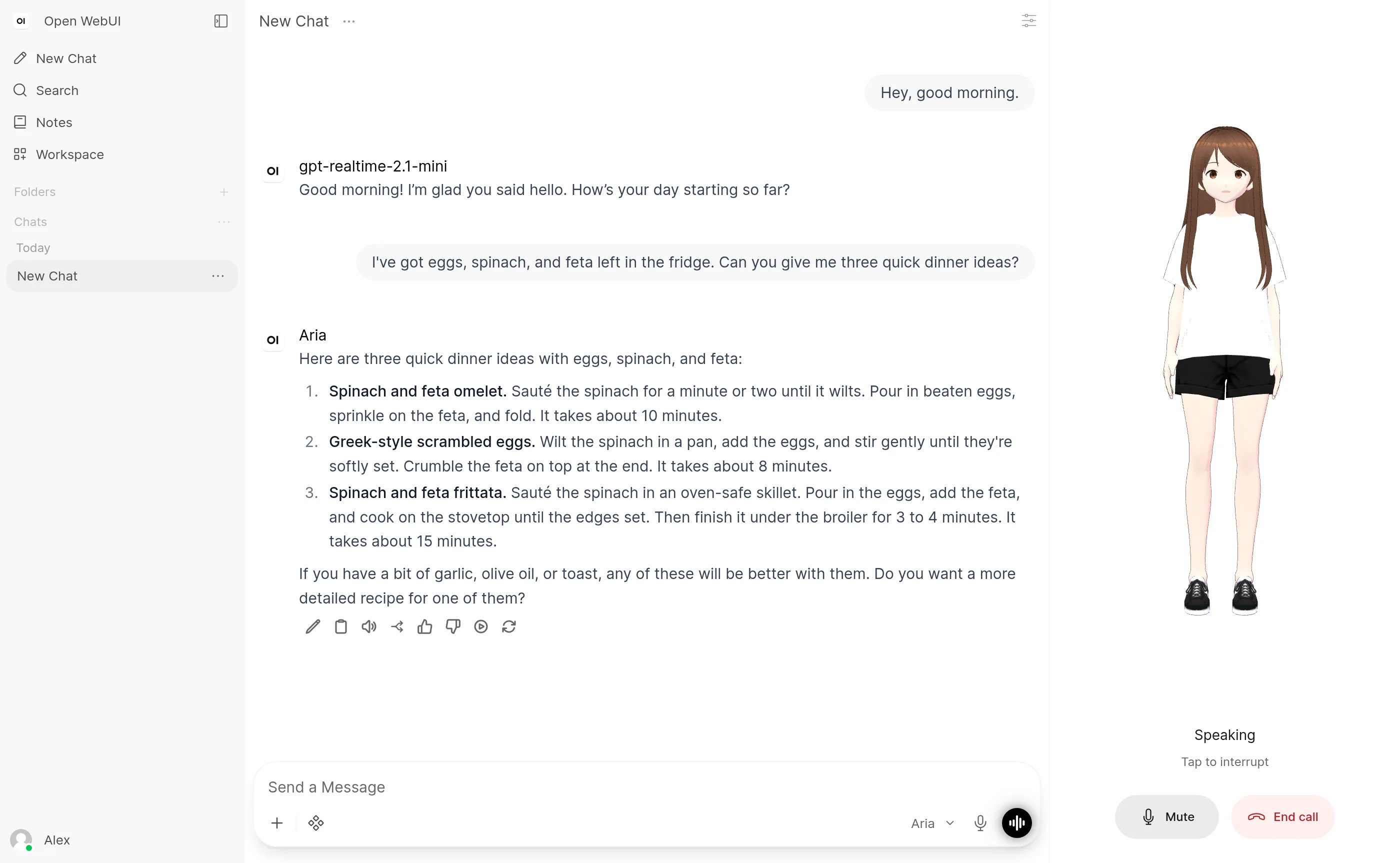 A Realtime call with a voice avatar on the right. The chat shows the spoken greeting, the small talk reply labelled with the voice model's name, the spoken question and the chat model's full answer under its own name
