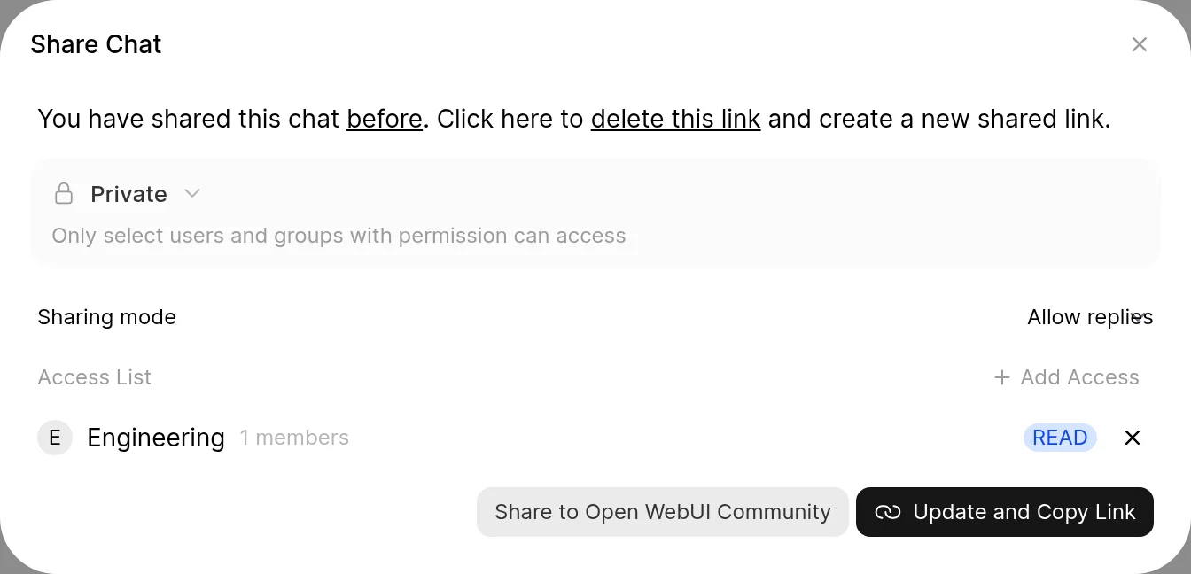 The Share Chat dialog with Sharing mode set to Allow replies and the Engineering group in the access list