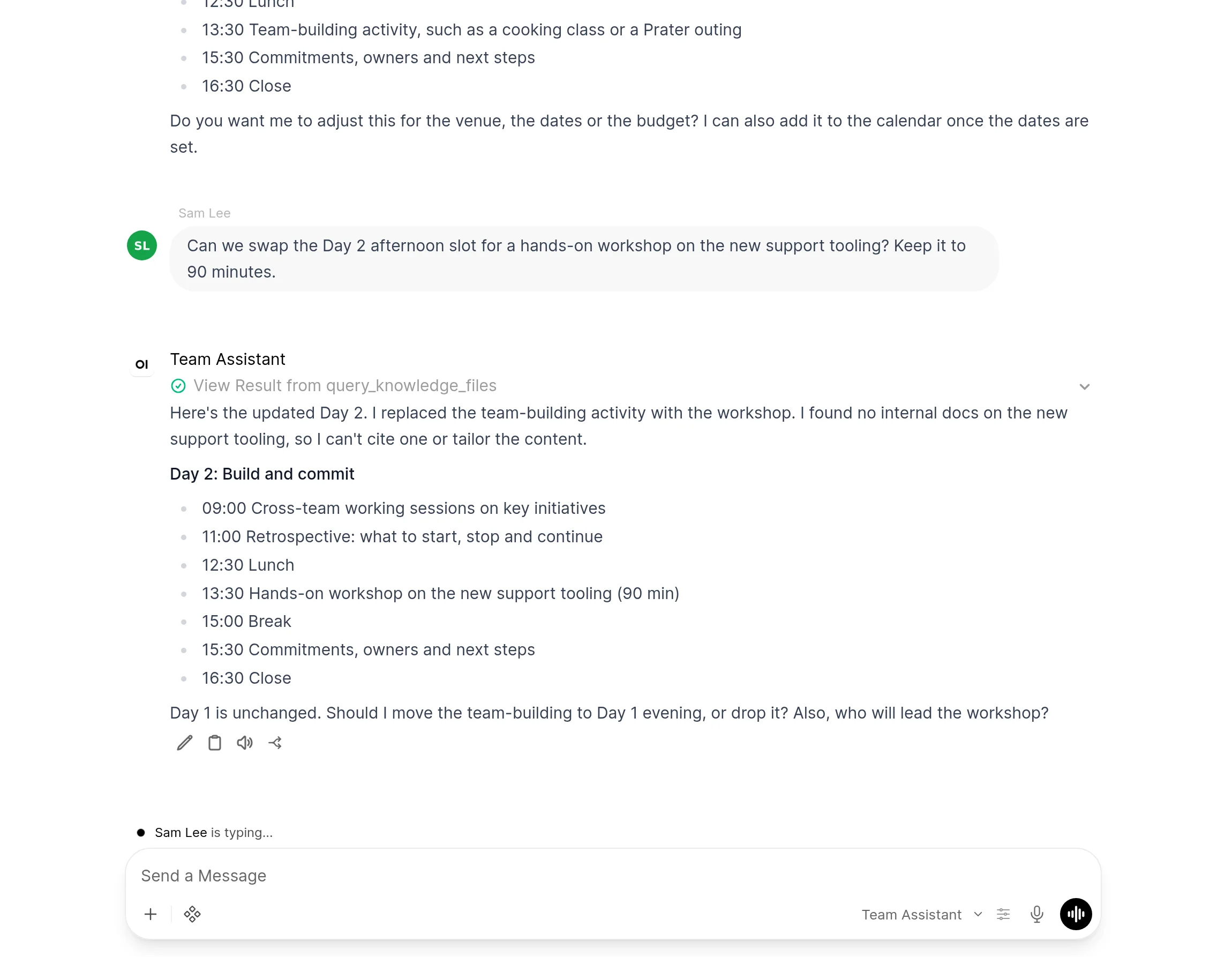 The chat owner's view of a chat with replies allowed: another member's message with their name and picture, the model's answer to it, and a line above the input saying that member is typing