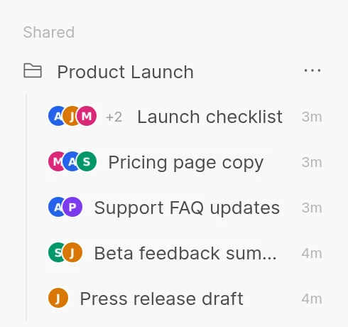 A shared folder in the sidebar where each chat shows the pictures of the people who wrote in it. The Launch checklist chat shows three pictures followed by +2