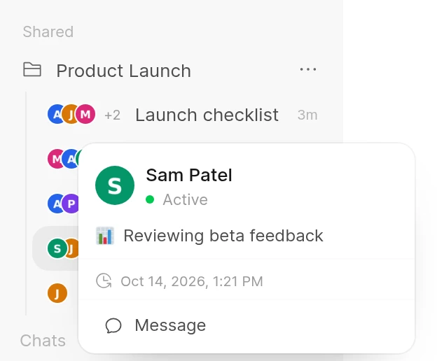 The profile card of Sam Patel, opened from their picture on a chat in the shared folder, with their status, when they were last active and a Message button