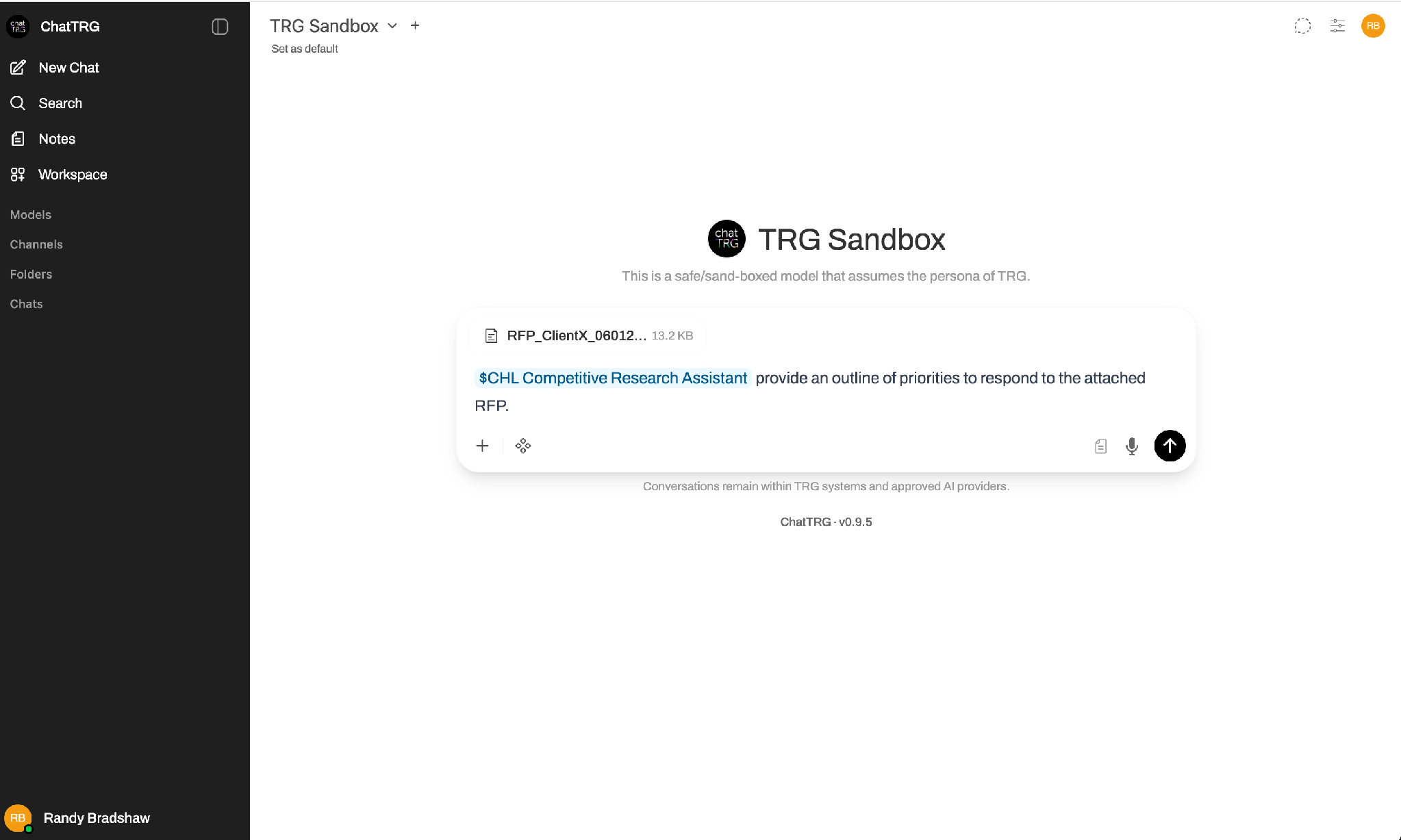 ChatTRG using the Competitive Research Assistant skill with an attached RFP document.