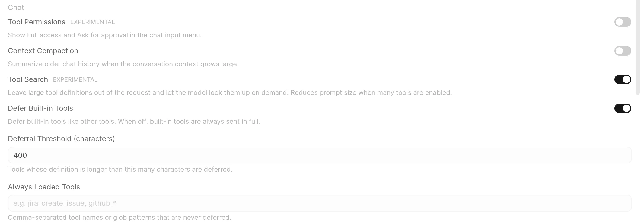 The Chat section of Settings > Admin > Interface with Tool Search switched on, Defer Built-in Tools, Deferral Threshold (characters) set to 400 and an empty Always Loaded Tools field