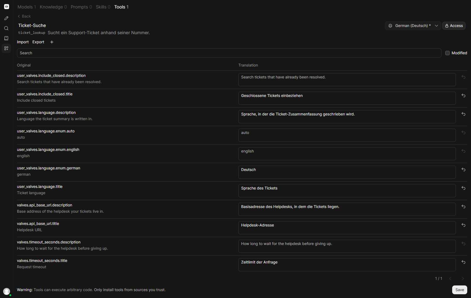 The valve translation table in a tool editor, with keys, original text and German translations