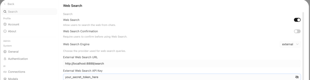 Open WebUI Admin panel showing External Search config