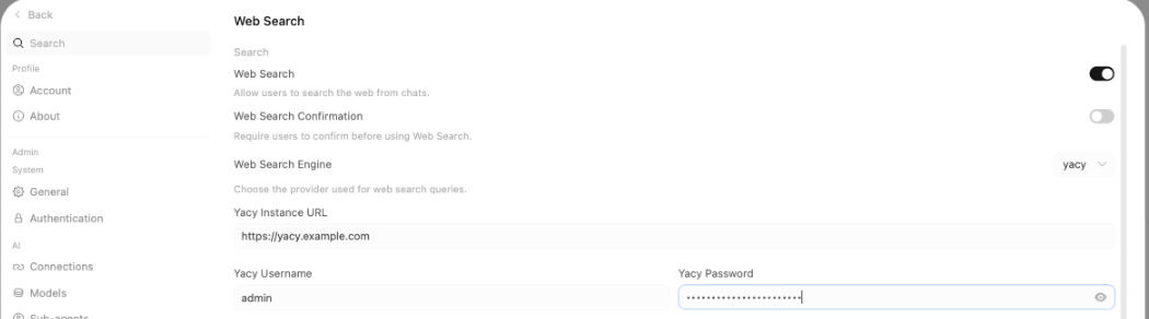 Open WebUI Admin panel showing Yacy config