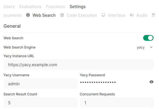 Open WebUI Admin panel showing Yacy config