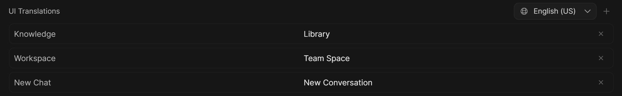 The UI Translations panel with three interface strings replaced