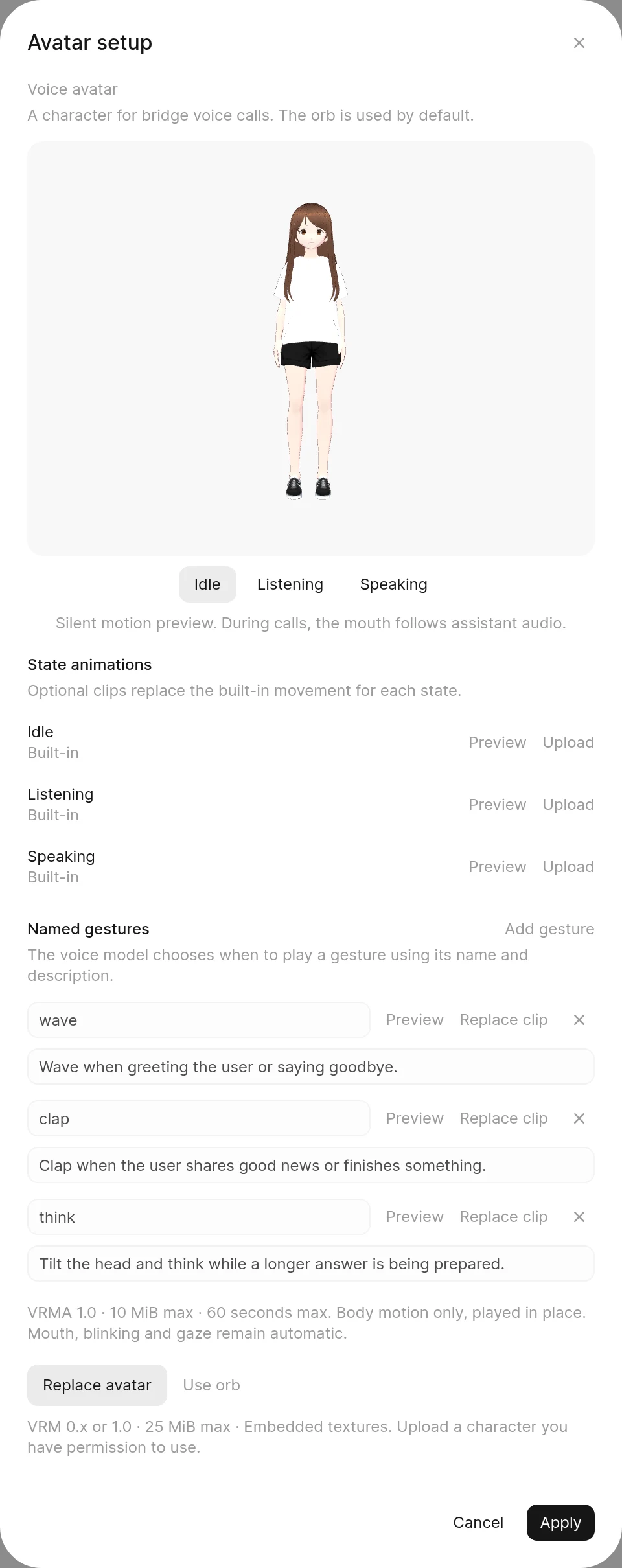 The Avatar setup dialog with a character loaded, the Idle, Listening and Speaking preview buttons, built-in state animations and three named gestures, wave, clap and think, each with a description