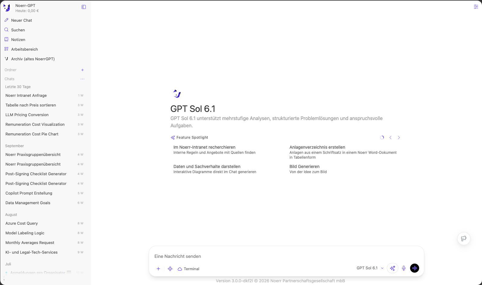 NoerrGPT start screen with GPT Sol 6.1 selected and suggested workflows.